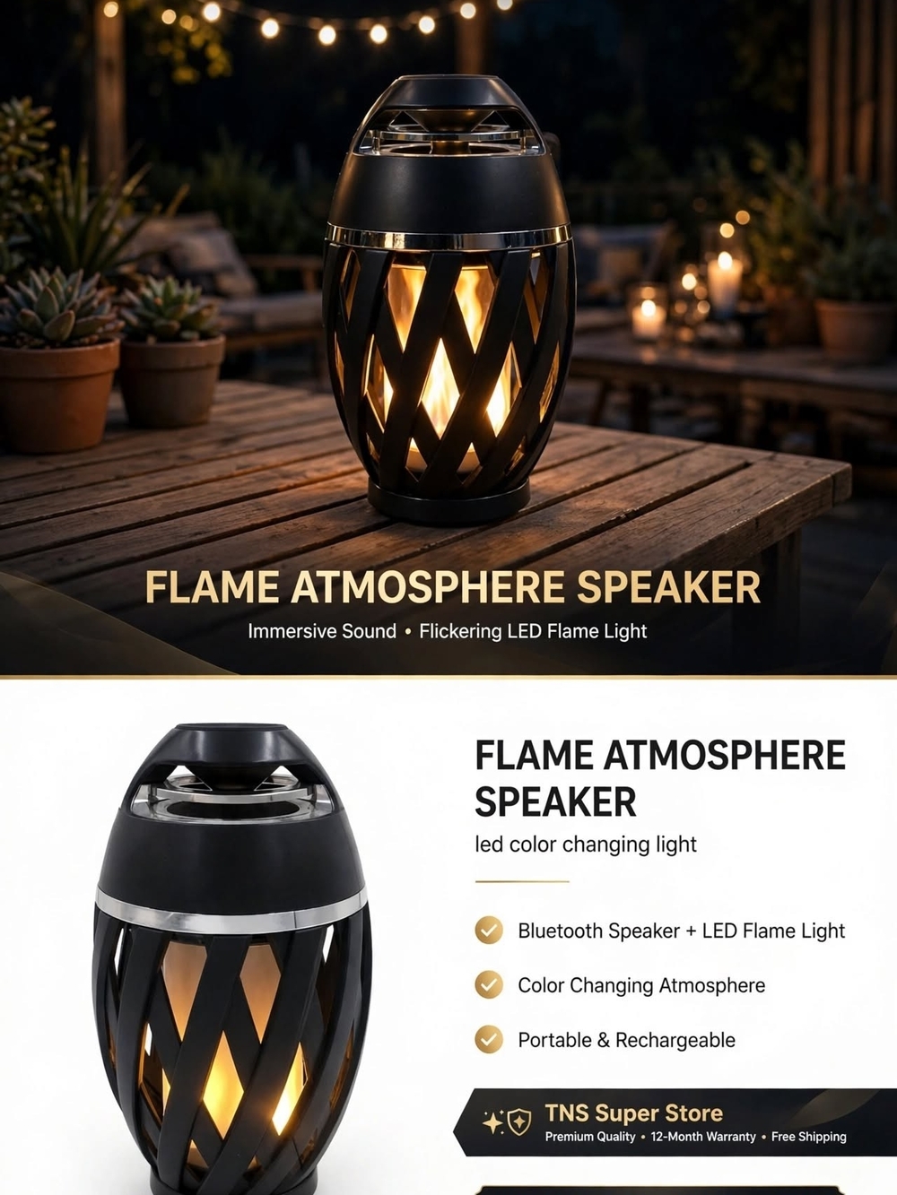 TNS Flame Atmosphere Speaker with Flickering LED Flame Light - Black